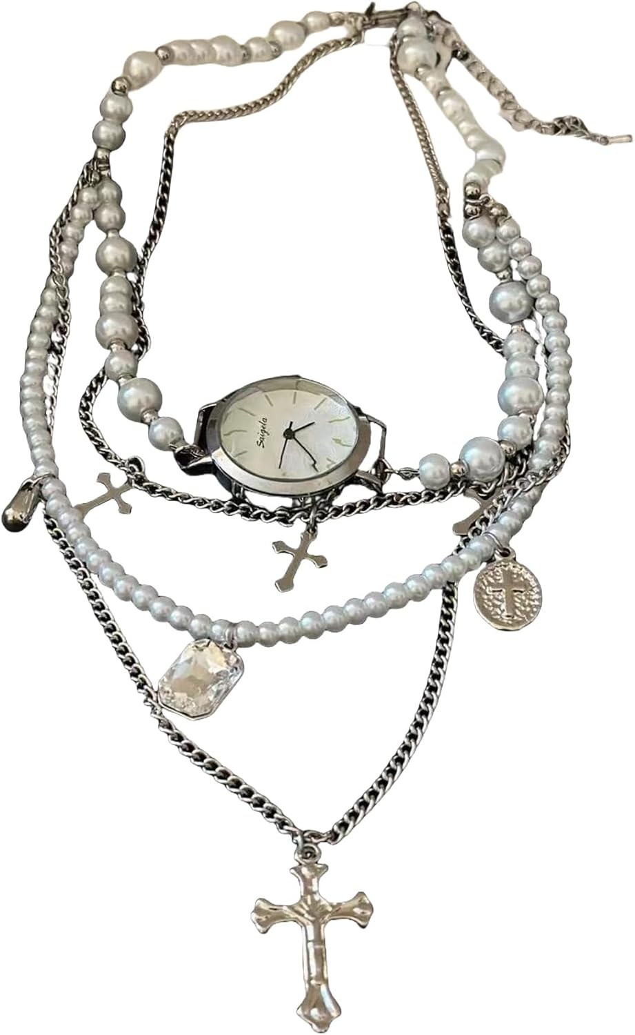 Layered Cross Pearl Necklace With Trendy Watch Face Collarbone Chain Gothic-Punk Fusion Style Pendant Necklace Valentine's Day Gift