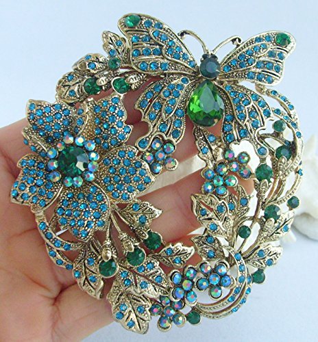 Art Style 3.54" Butterfly Flower Brooch Pin Pendant Rhinestone Crystal Bz4489 (Gold-Tone Green) #TOP1