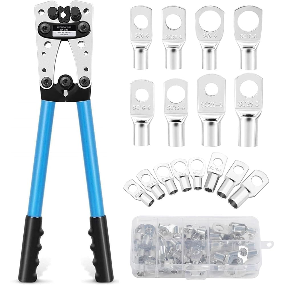 Professional Battery Cable Crimping Tool 6-50mm² (10-1/0 AWG) with 60 PCS Copper Ring Terminals, Heavy Duty Wire Lug Crimper Kit with Cable Cutter