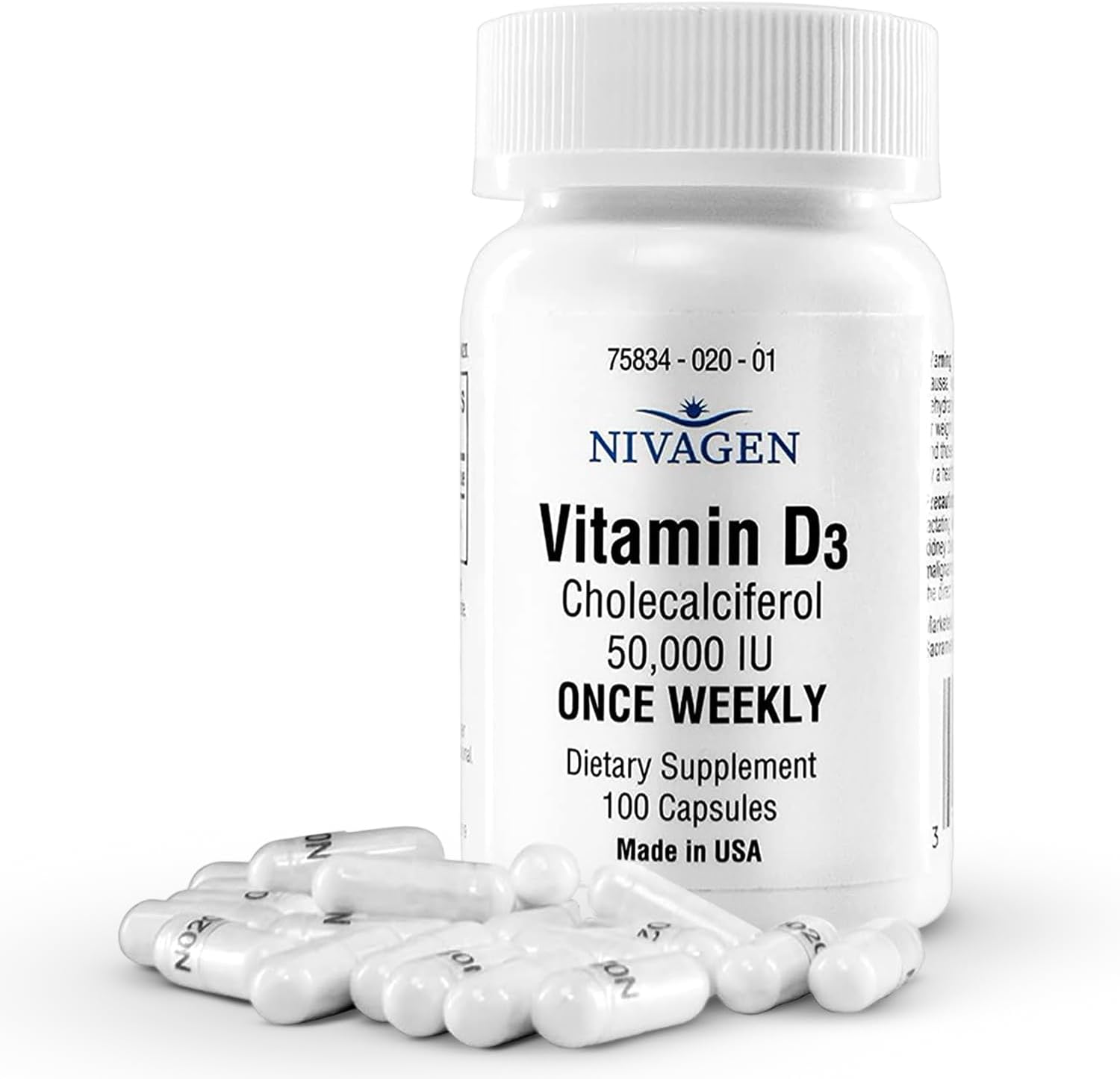 Nivagen Vitamin D3 50,000 IU (1250 mcg) | Once Weekly Dose | 100 Capsules (100 Weeks, Approx. 2 Years Supply) | Easy to Swallow | Bone, Muscle & Immune Support | Non-GMO, Gluten Free | Made in USA
