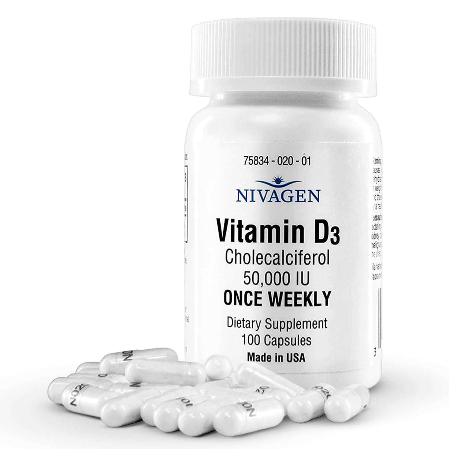 NivagenVitamin D3 50,000 IU (1250 mcg) | Once Weekly Dose | 100 Capsules (100 Weeks, Approx. 2 Years Supply) | Easy to Swallow | Bone, Muscle & Immune Support | Non-GMO, Gluten Free | Made in USA