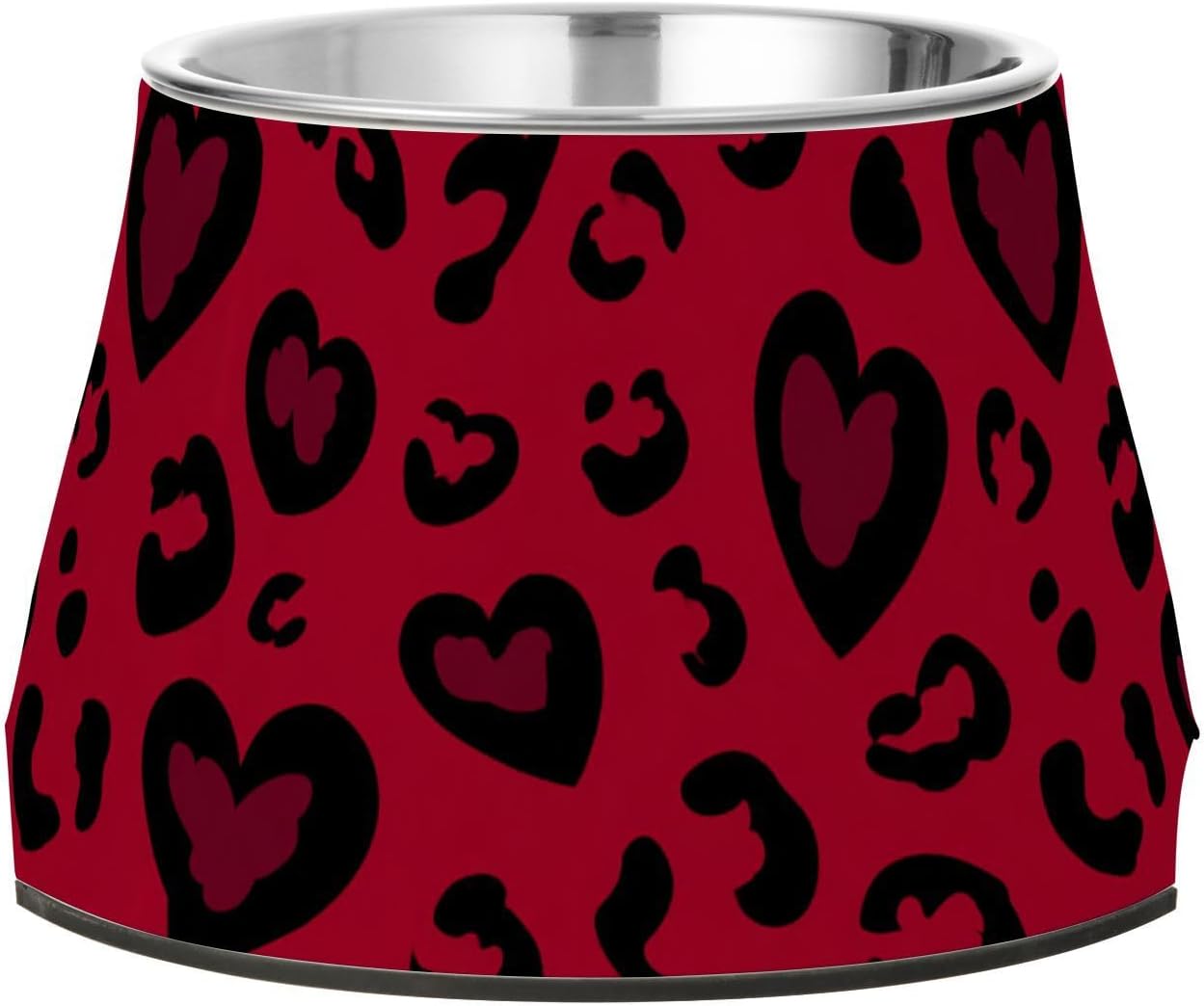 Leopard Pattern Crimson Heart Christmas Raised Pets Water Bowl Non Skid Stainless Steel Feeder Pets Bowl for Medium Dogs Slow Down Eating