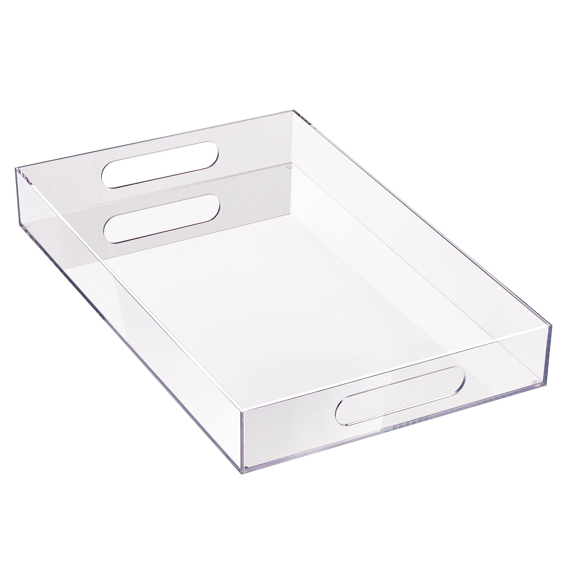 Elavain Acrylic Clear Leak Free Serving Tray Decorative Coffee Table Décor Tray with Handles, Rectangle Large Vanity Tray & Sturdy Desk Organizer Tray for Countertop, Living Room & Bathroom| 12 x 20‘’