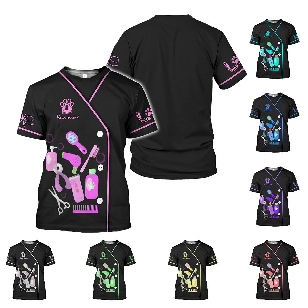 Tinoshop Personalized Dog Grooming 3D Shirt, Custom Pet Spa Short Sleeve T-Shirt, Cute Pet Grooming Summer Tshirt for Women (Polyester, HD555)