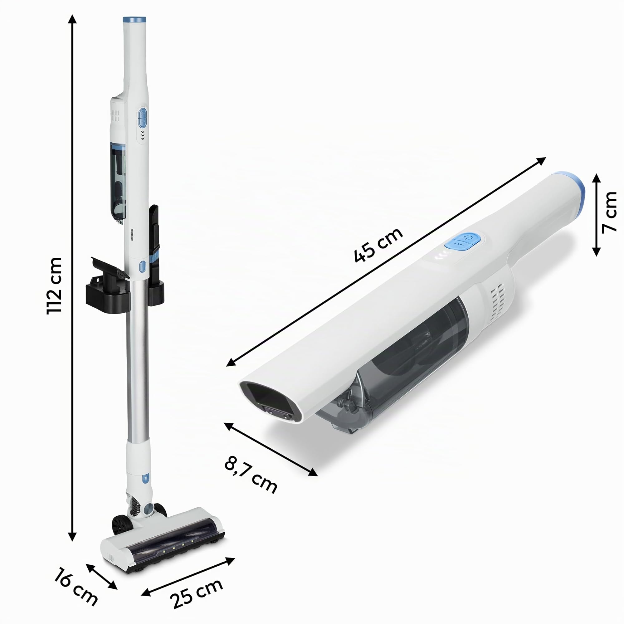MEDION Aspiradora de Mano 2en1 con Tubo y Cepillo para Suelos (Motor BLDC, Filtro HEPA 13, filtrado de Polvo y alérgenos, Potencia de succión 20 kPa, batería, Base de Carga, sin Cables, MD11515)