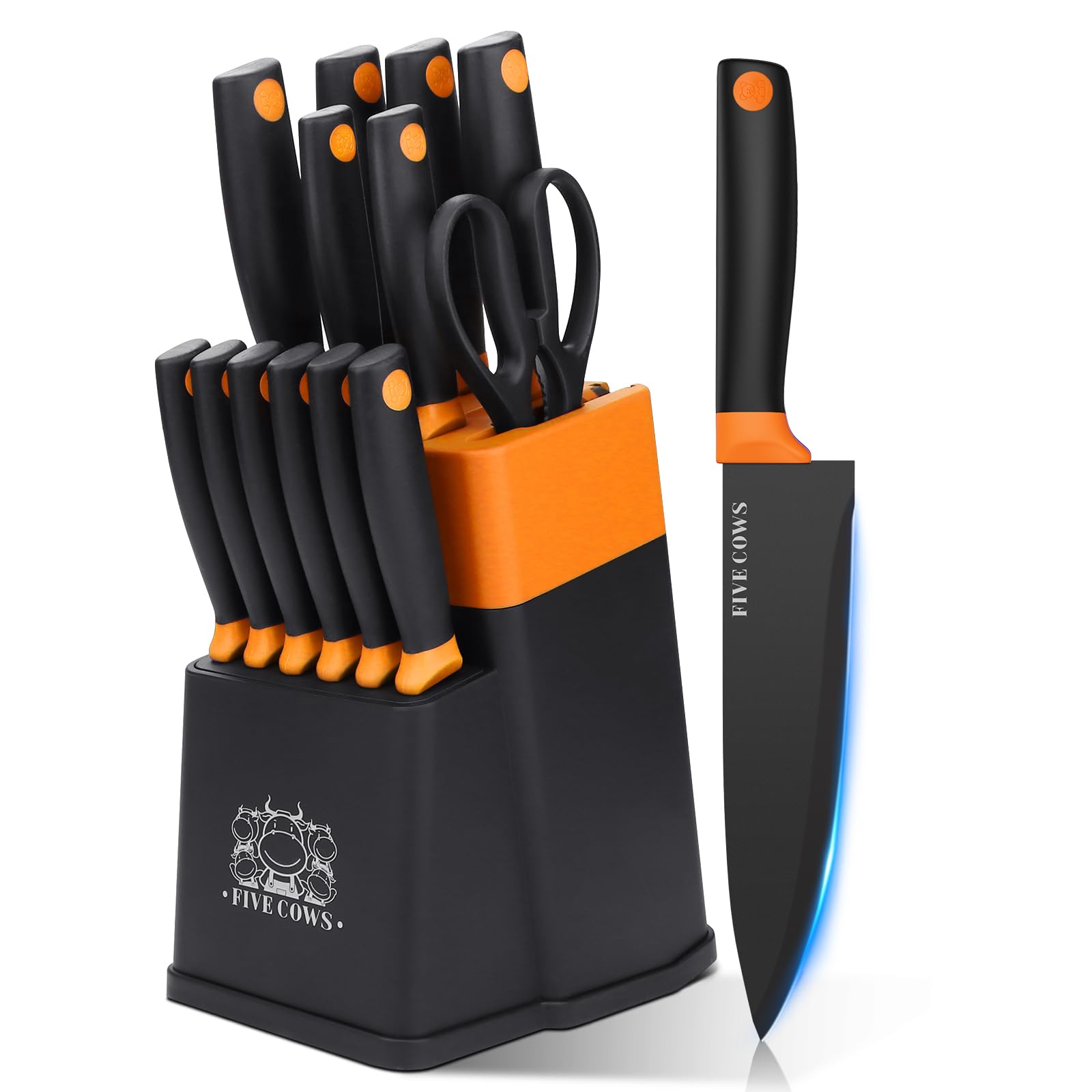FIVE COWS Messerblock Set, mit 14-teilige, Küchenmesser Set, mit Selbstschärfender Messerblock, mit steakmesser und Schere, Schwarze Beschichtung verhindert Oxidation, für den Küchengebrauch(Orange)