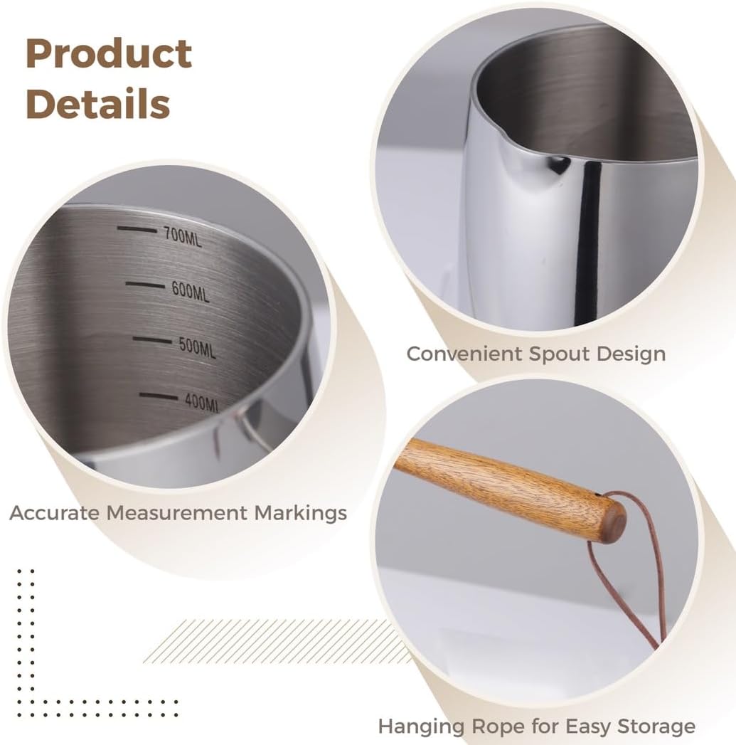 Anti Scalding Chocolate Melting Pot, Small Coffee Maker, Wooden Handle Milk Pot, Scale with Pouring Spout and Boiling Pot, 700Ml Stainless Steel Sauce Pot, Butter Warmer Pan