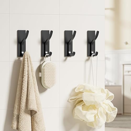 Miniatura 4 de Ganchos autoadhesivos para pared, paquete de 4 ganchos dobles curvados color negro mate, ganchos multiusos para abrigos, toallas y batas,