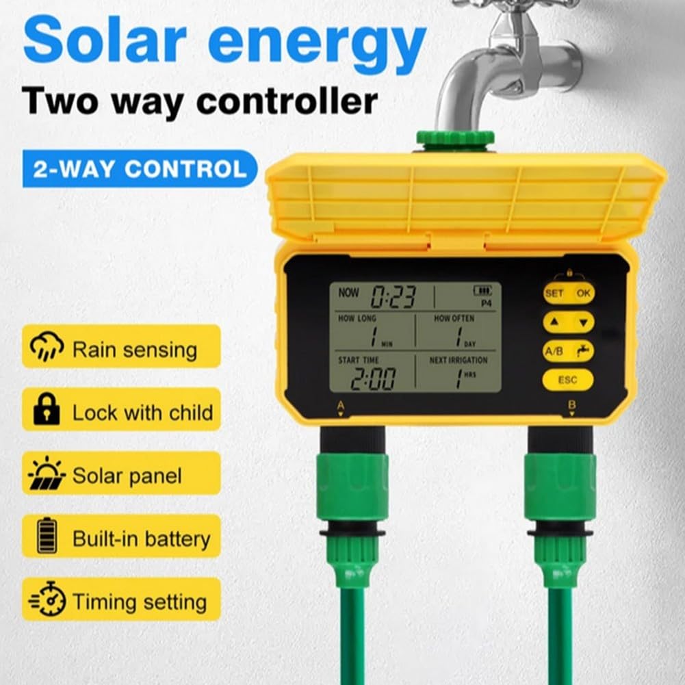 Timer di irrigazione solare con sensore, sistema di irrigazione automatico da giardino, 4 programmi di controllo a energia solare con blocco schermo, giallo (2 uscite)