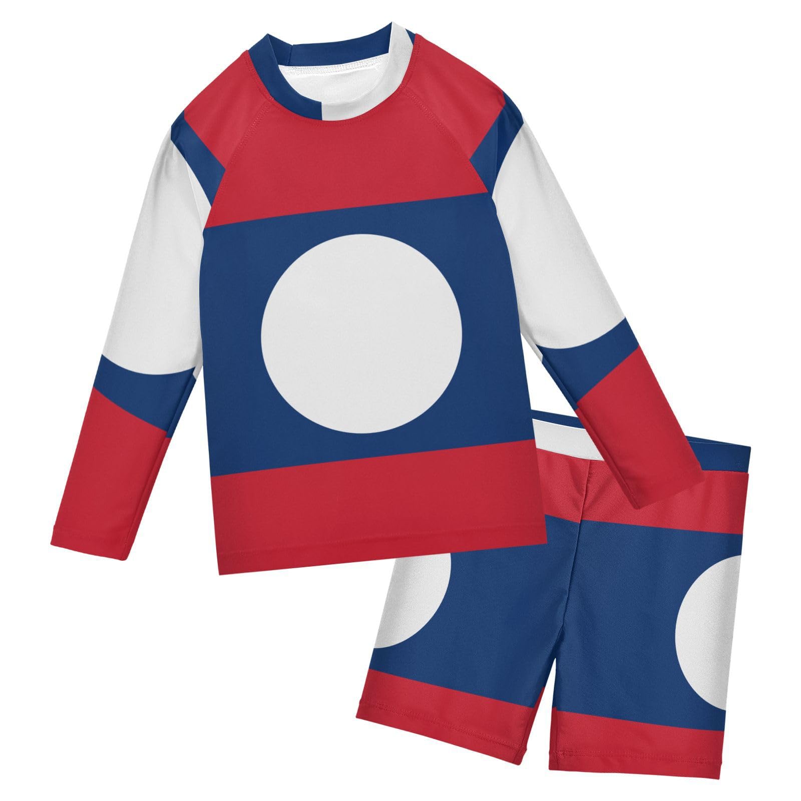 Aflyko Patriot Boys Girls Rash Guard Set Flag of Laos Swim Outfit Pollover Bathing Suit Fishing Sun Shirt Quick Dry Swimming Surfing Shorts, 9-10T Multicoloured