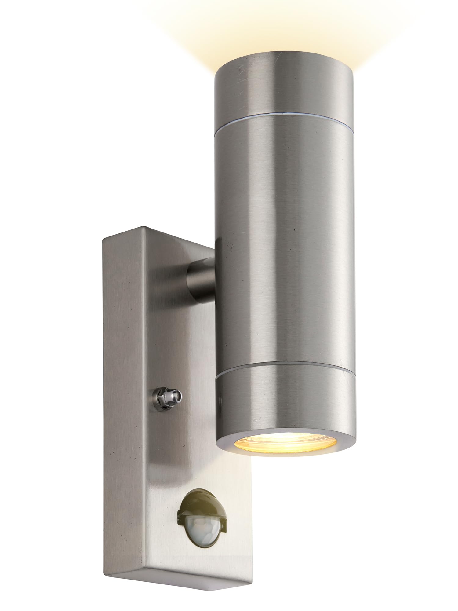 National Lighting Outdoor Up & Down Wall Light with Sensor Non-Dimmable - Dusk to Dawn Security Lights - Brushed Steel Photocell Lights - Outside Marine Grade Lights 2lt Wall Light I IP65 I 7W