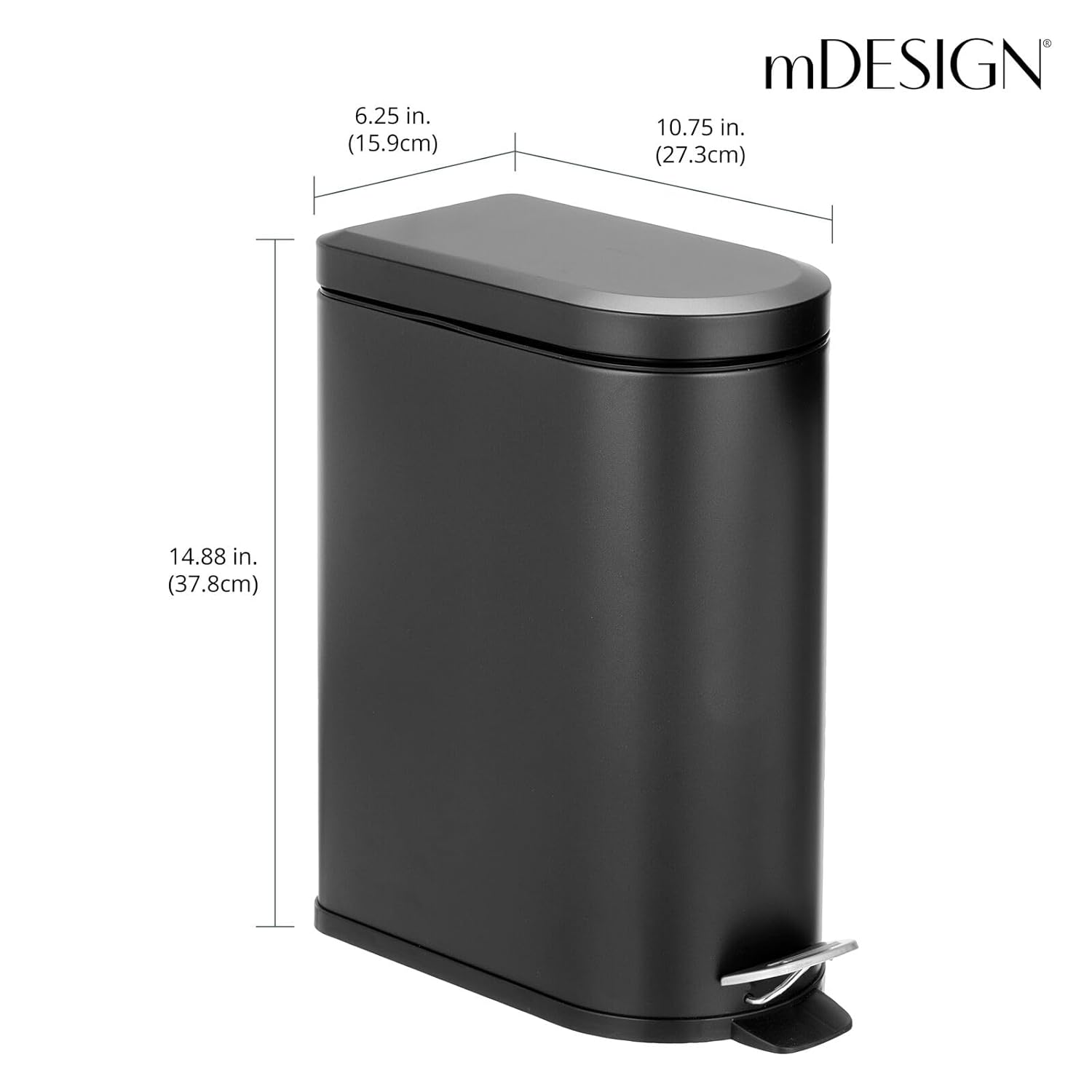 mDesign Small 2.6 Gallon/10 Liter Stainless Steel Metal Step Trash Can Garbage Bin for Bathroom, Bedroom, Home Office, D-Shape Trashcan with Foot Pedal/Lid, Removable Liner Bucket with Handles, Black