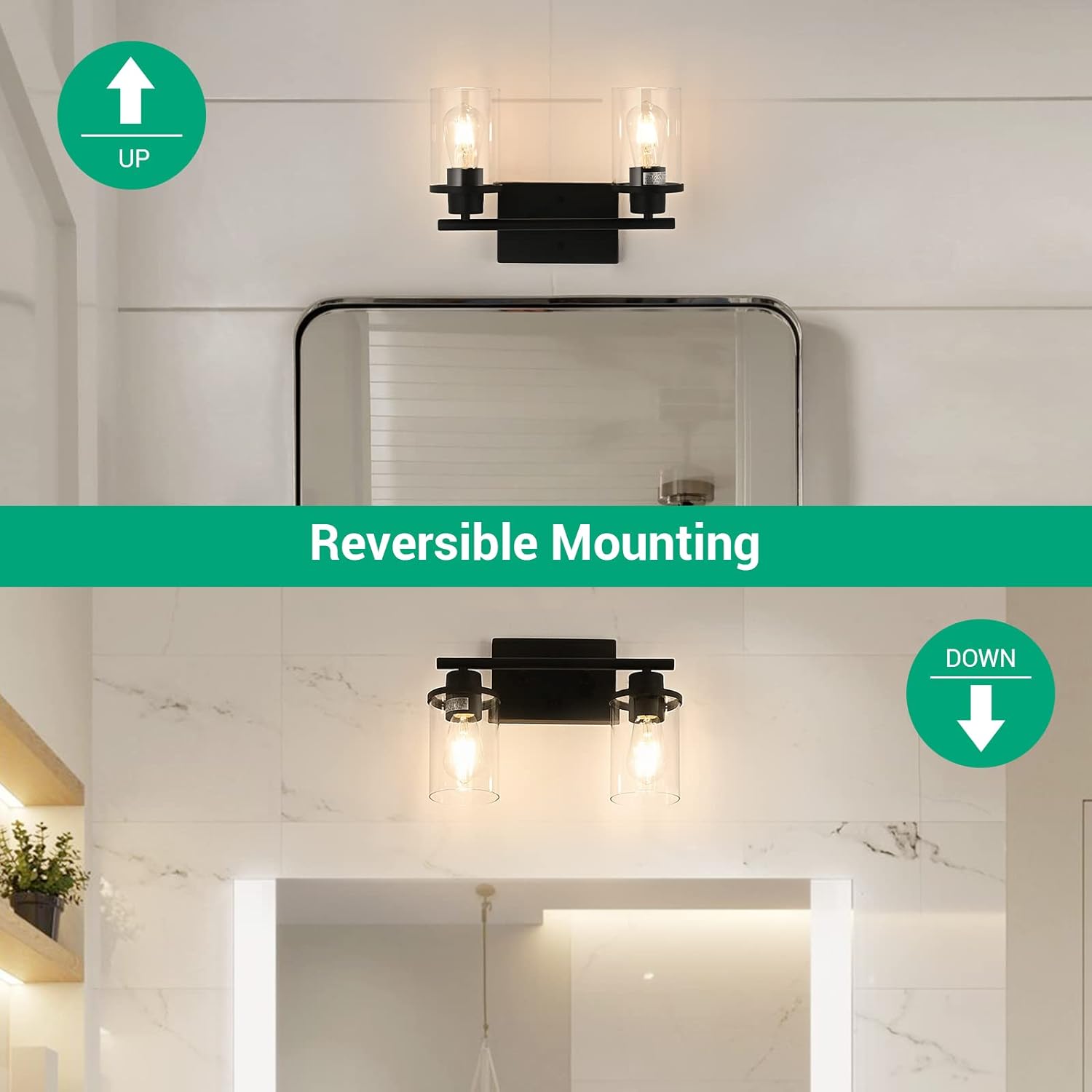 Modern Black 2-Light Bathroom Vanity Fixture with Clear Glass Shades
