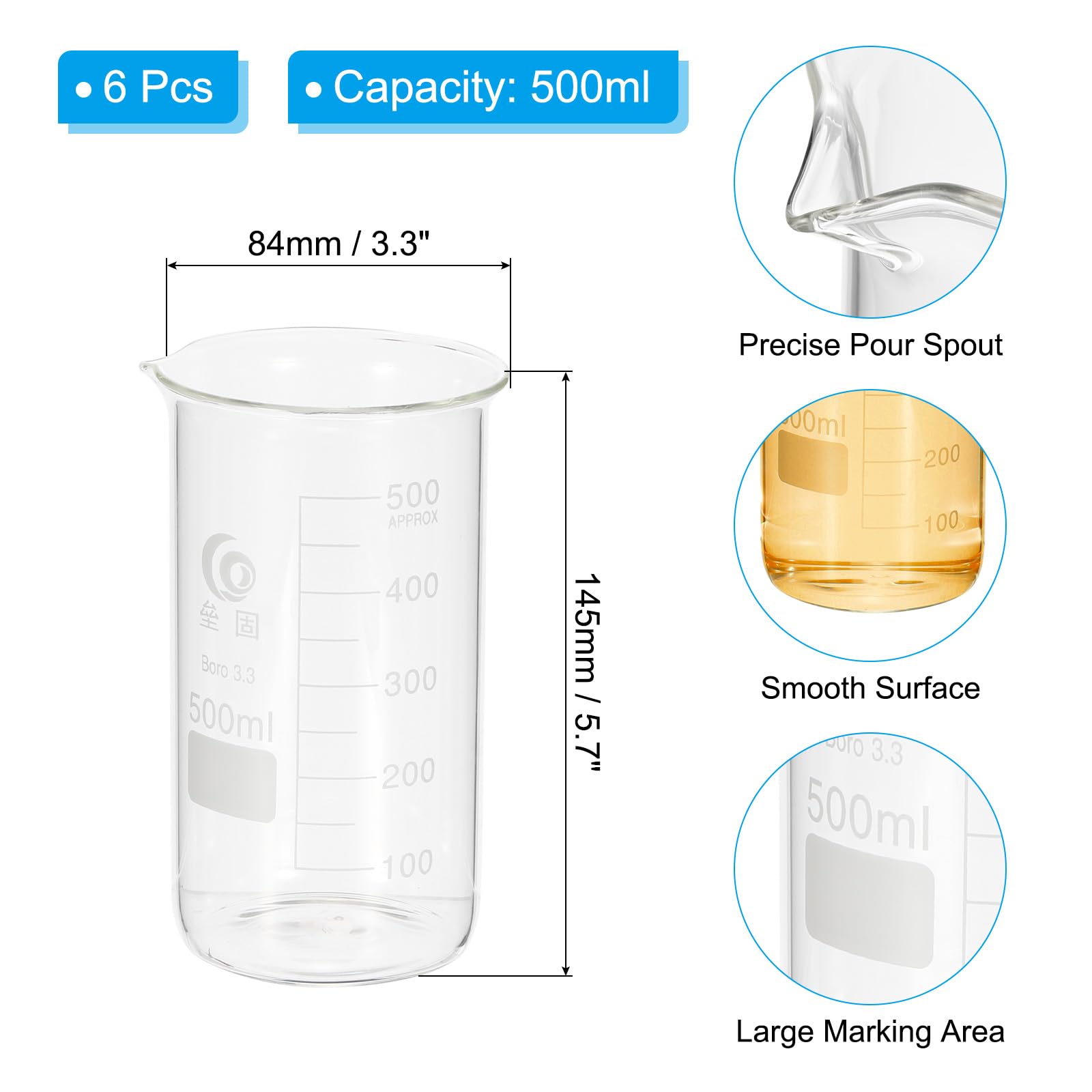 PATIKIL Misurino alto da 500 ml, 6 pezzi, in vetro borosilicato 3.3, graduato, con beccuccio, per esperimenti di laboratorio, cucina e cottura, trasparente