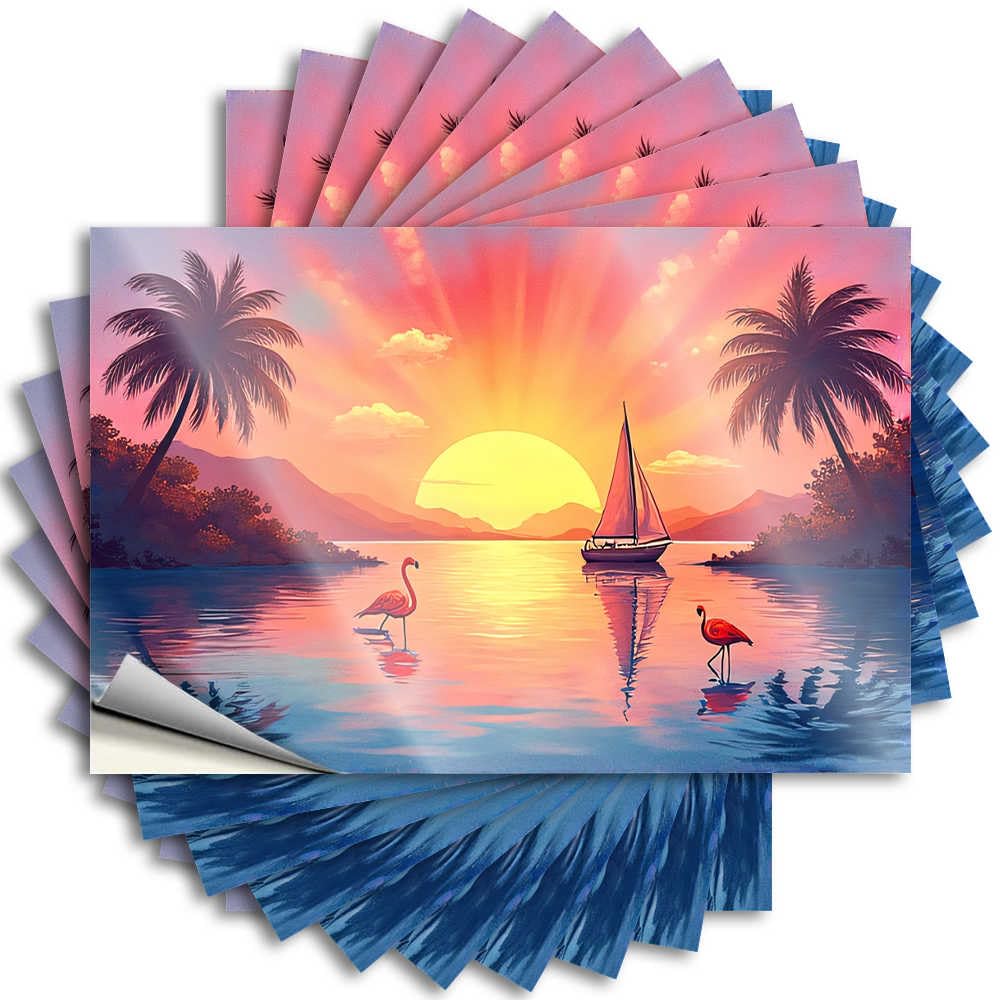 Decals Playroom Decor Easy Apply | Sunset Serenity with Sailboat and Flamingos Sweet Helmet Peel and Stick(8X12CM)