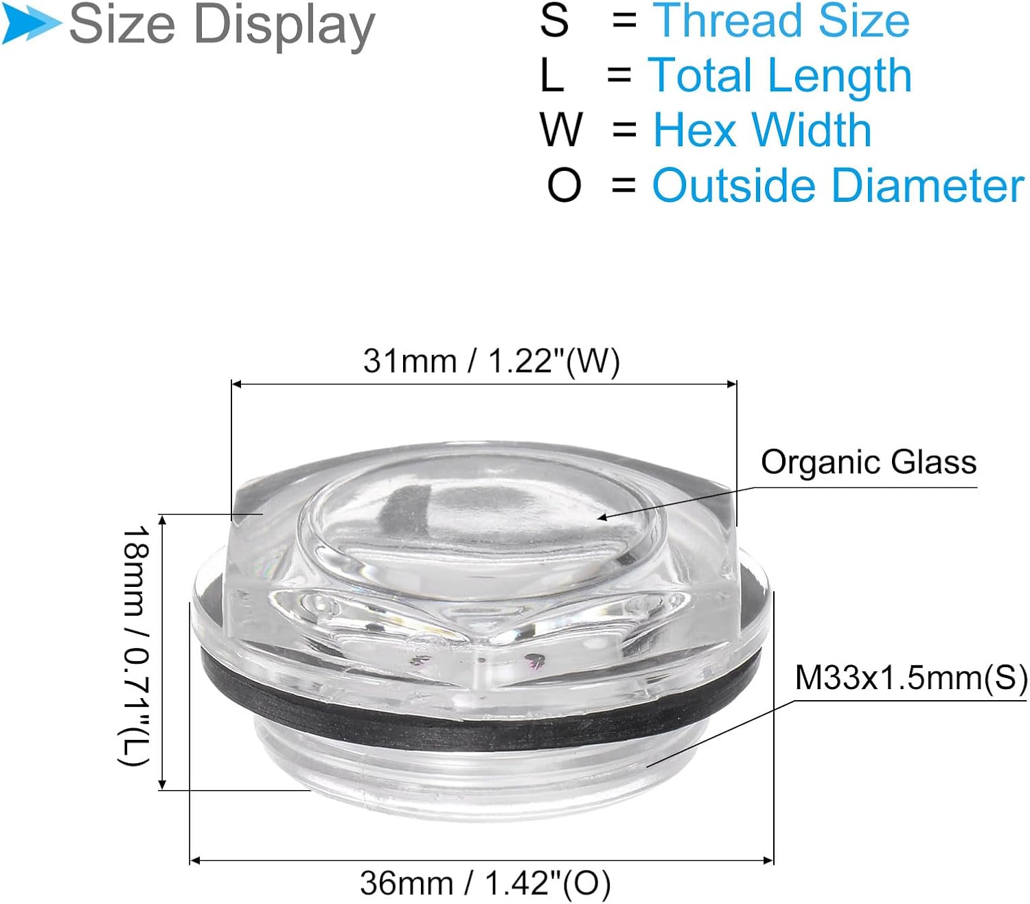 Air Compressor Oil Sight Glass, | M33x1.5mm Male Thread | Hex Head Oil Liquid Level Indicator Glass Window - (Applications: for Gearbox Fittings), 1-Piece