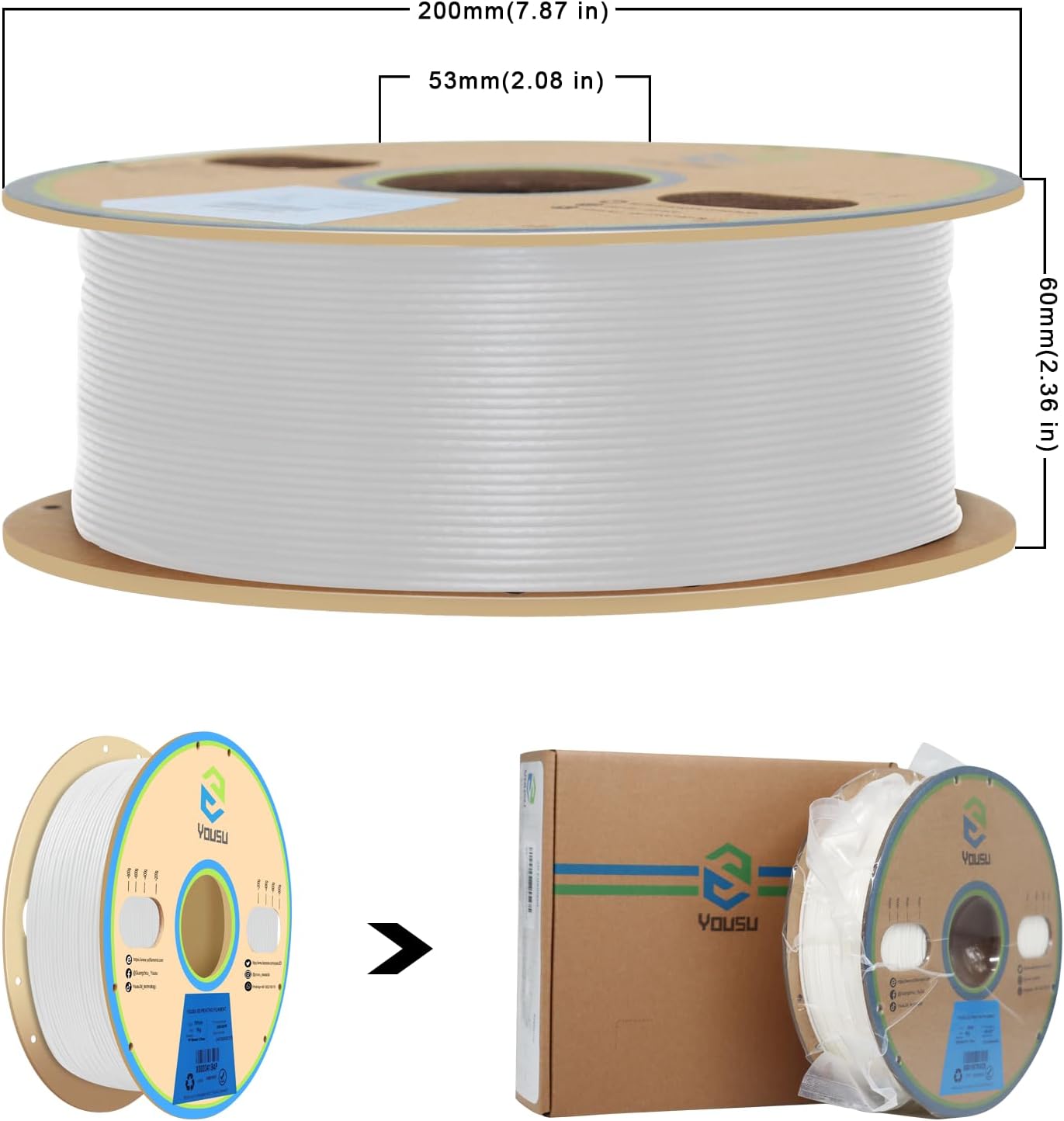 YOUSU PP Filament 1.75mm for Industrial Part, High Temperature Applications, Mechanical Compon, 1kg (2.2lbs) Polypropylene 3D Printer Filament, 5 Pcs Build Sheet Included,White