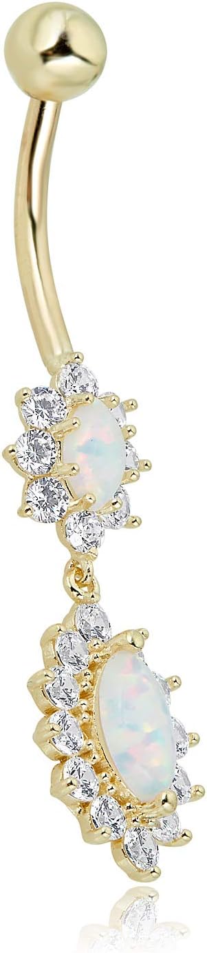 AVORA 10K Gold Oval Simulated Opal and Simulated Diamond CZ Dangle Belly Button Ring Body Jewelry (14 Gauge)