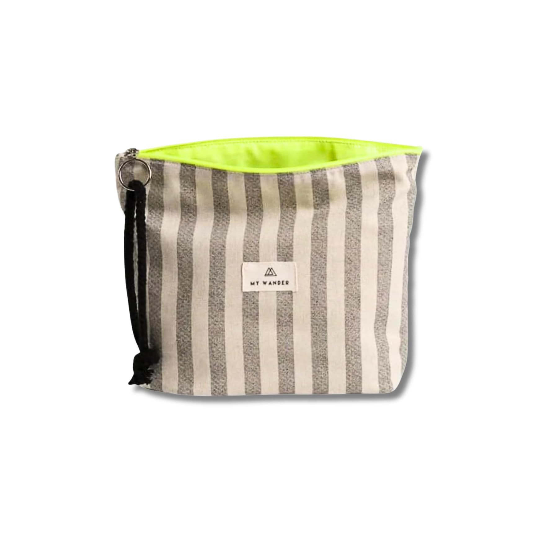 MY WANDER Neceser Mujer de Tela para Maquillaje y Viajes - Bolsa de Aseo Plegable con Forro Impermeable - Bolso de Mano con Cremallera Fluor y Cordón - 20x28x6cm - Fabricado en España (Grey Stripes Forro Suave)