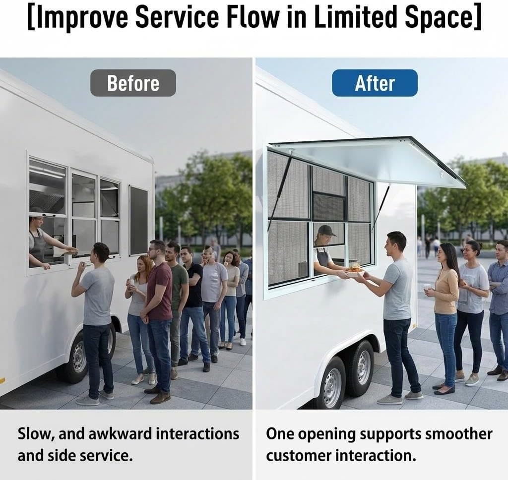 60"×36" Concession Window for Food Truck, Heavy-Duty Food Truck Window, 3 Sliding Panels & 85° Awning, Concession Stand Windows for Mobile Kitchens