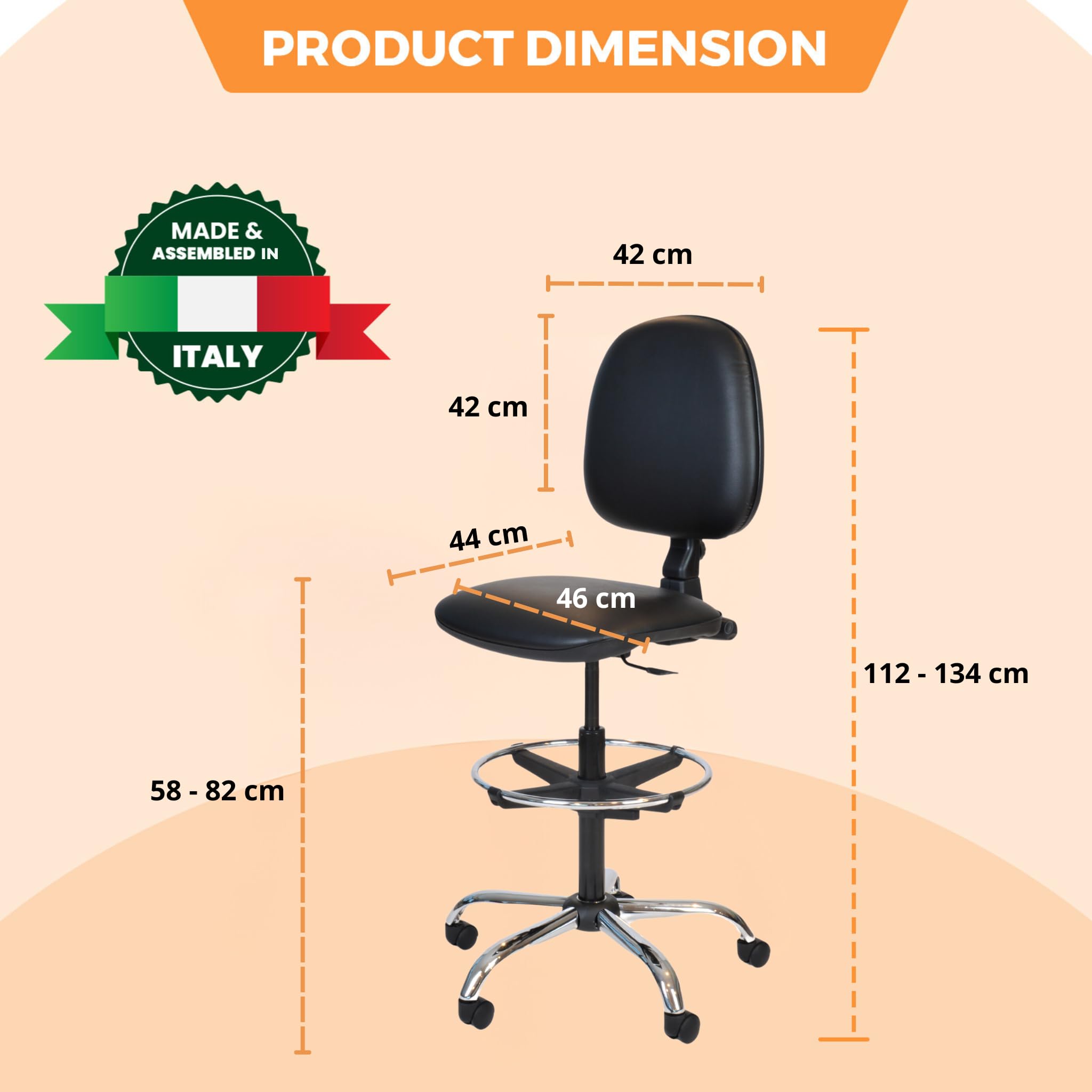 Topsit IND010201 - Sedia da lavoro girevole, imbottita e rivestita in ecopelle, regolabile in altezza e facile da pulire, anello poggiapiedi cromato, struttura cromata e ruote stabili