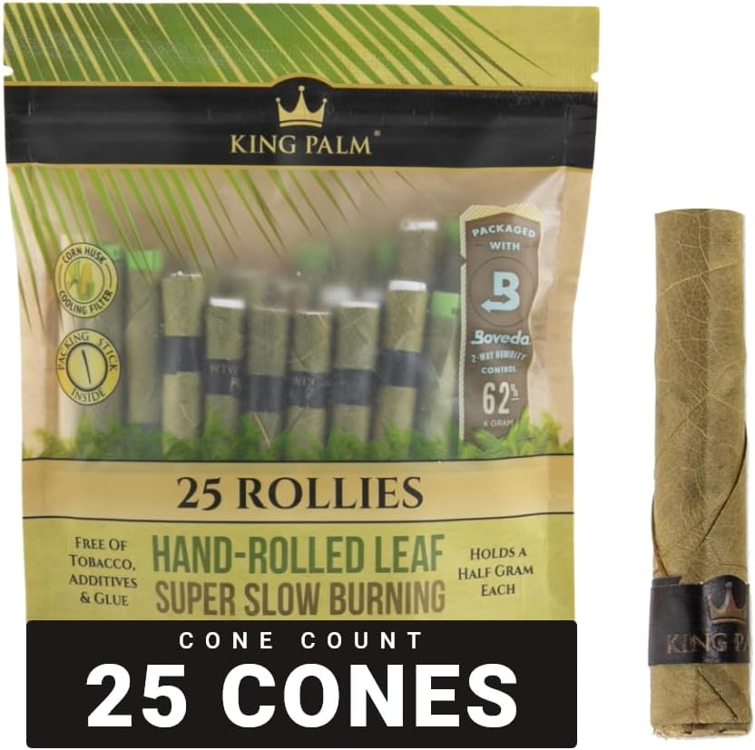 King Palm Rollie Size Cones (1 Packs of 25, 25 Rolls Total) Natural Pre Roll Palm Leafs - Pre Rolled Cones - All Natural Cones - Corn Husk Filter Preroll Cones - Cones with Filter