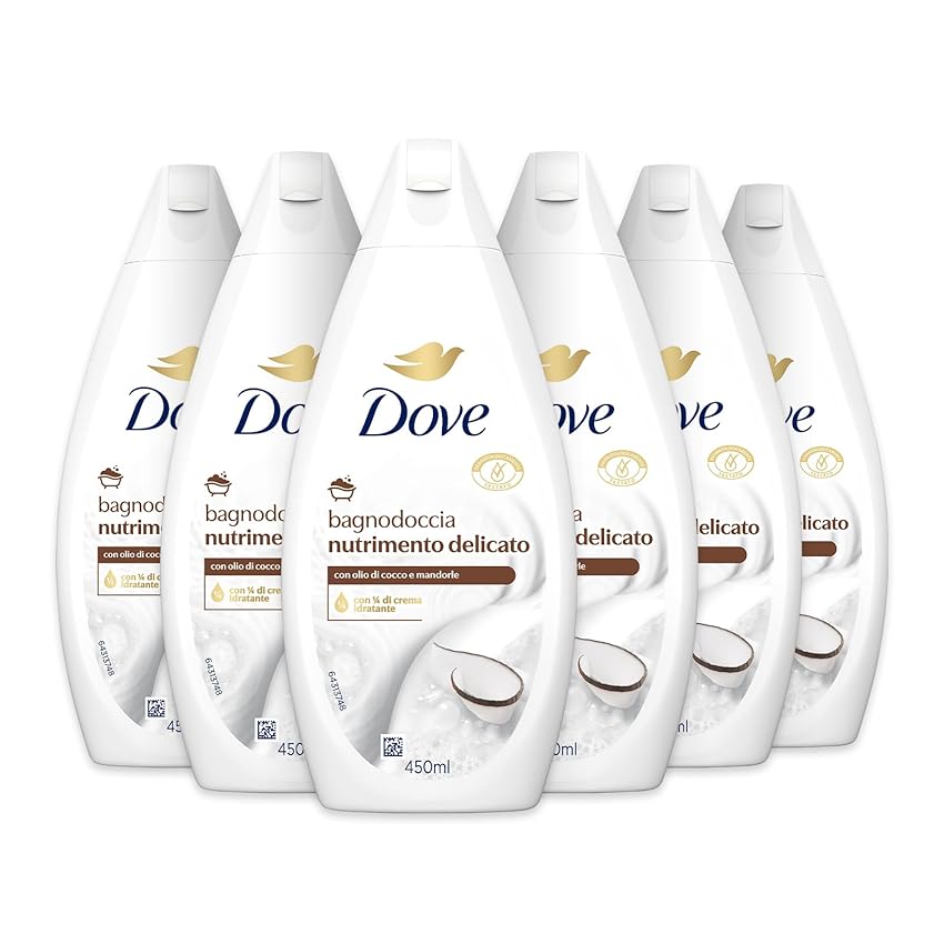 Dove Bagnodoccia Nutrimento Delicato, Idratante Dermo-Naturale, Olio di Cocco, 1/4 Crema Idratante, Dermatologicamente Testato, Bagnoschiuma Uomo e Donna, 100% Bottiglia Riciclata* 6 Pezzi x 450 ml