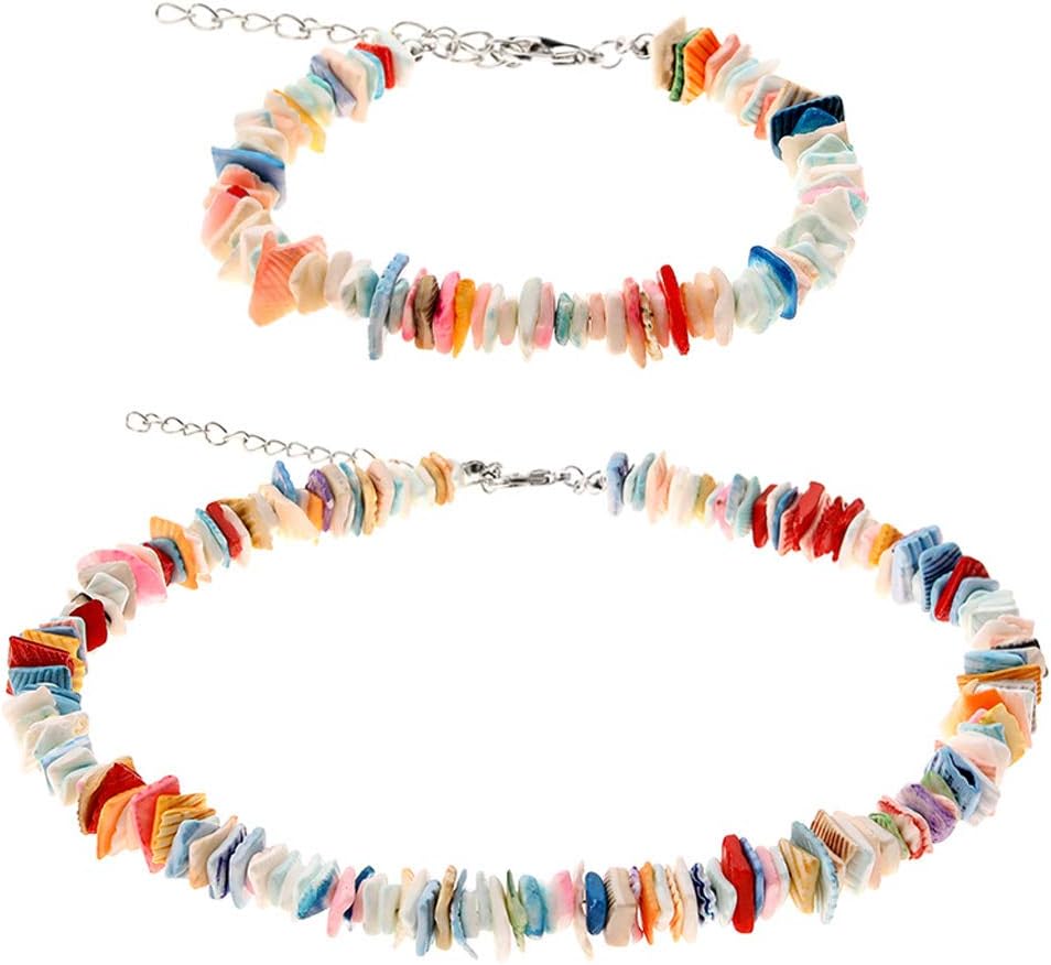 2 Pieces Puka Shell Necklace Colorful Clam Chips Shell Anklets Surfer Beach Choker Necklaces Ankle Bracelets 18 inch Hawaiian Tropical Jewelry