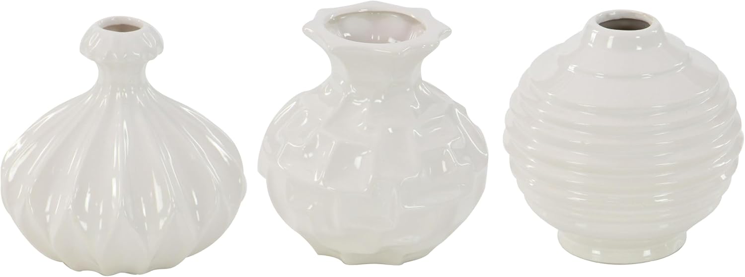 Deco 79 Ceramic Decorative Vase Centerpiece Vases with Varying Patterns, set of 3 Flower Vases for Home Decoration 6" x 6" x 6", White