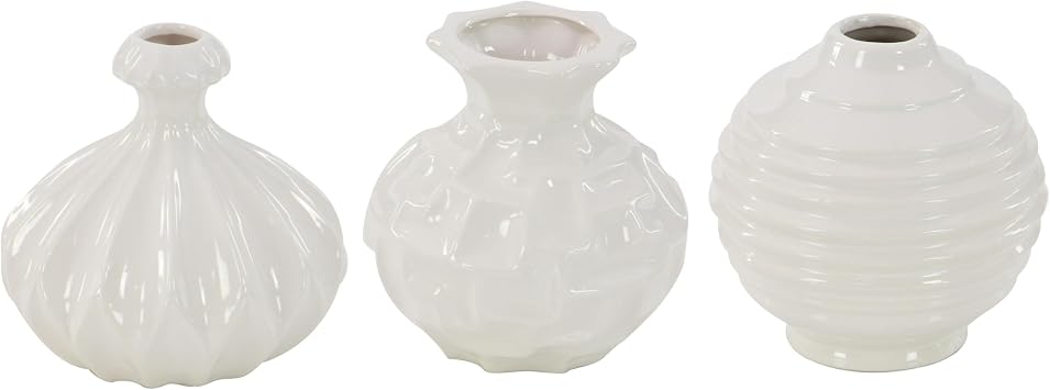 Deco 79 Ceramic Decorative Vase Centerpiece Vases with Varying Patterns, set of 3 Flower Vases for Home Decoration 6" x 6" x 6", White