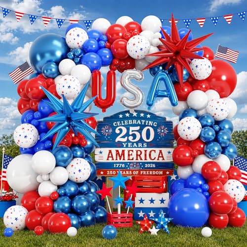 MAJUSTA 149Pcs Red White and Blue Balloon Arch 4th of July Balloon Arch Kit with USA Foil Balloons for 4th of July Independence Day Memorial Day Veterans Day (independence Day)