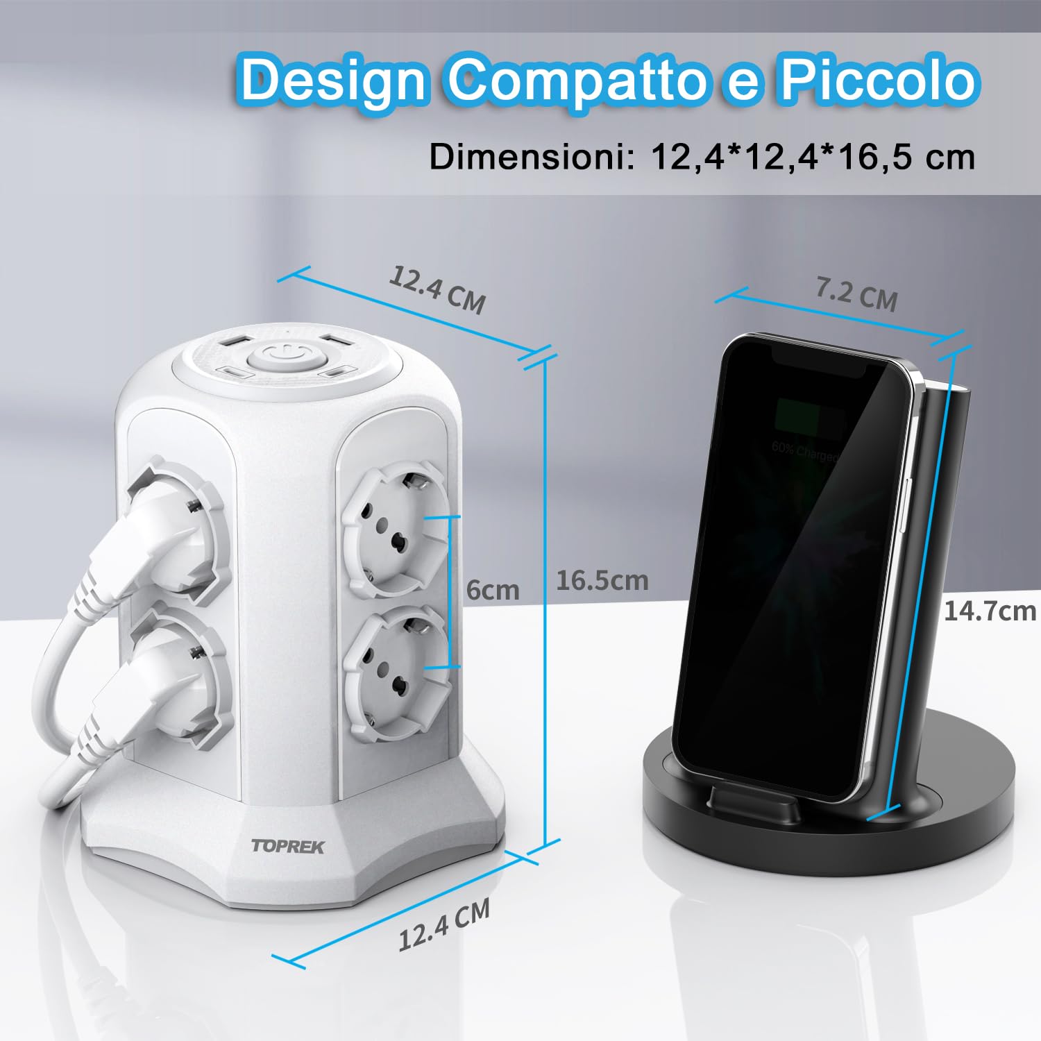 TOPREK Multipresa Verticale Con 8 Prese Schuko E 2 Type C E 2 USB A(USB