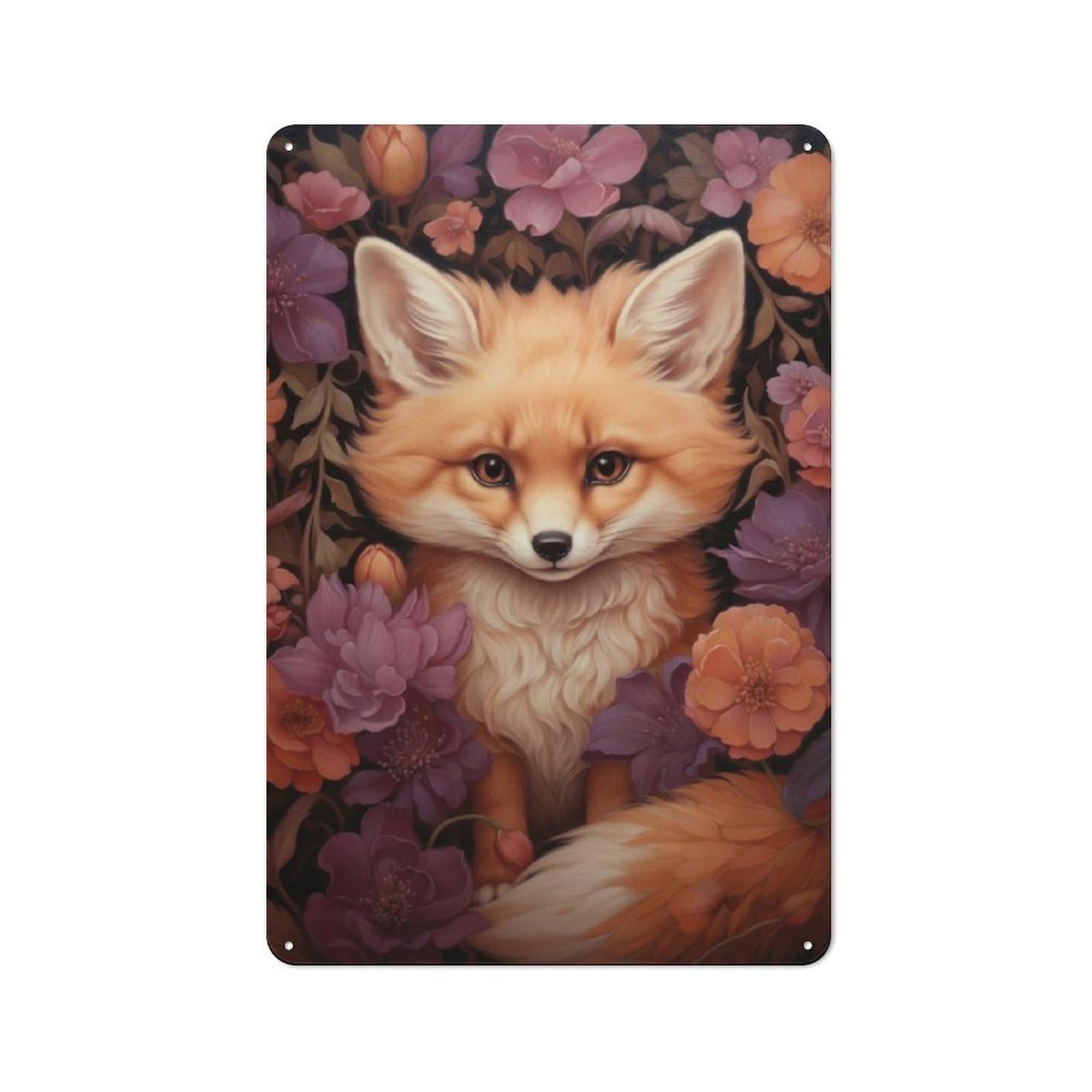 Junmoney Cute Fox In Fall Flowers Vintage Metal Sign 30X20cm For Workshop Wall, With Clear Vintage Wall Decor Character