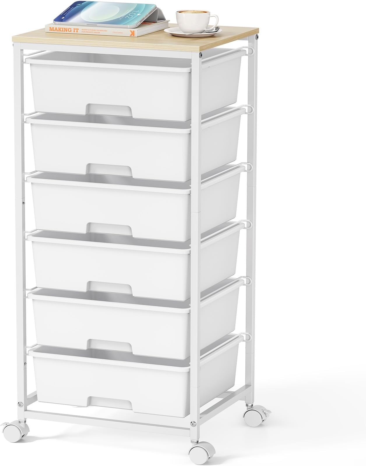 Rolling Storage Cart with Drawers,Utility Cart with 6 Large Drawers and Wooden Tabletop,Craft Storage Cart with Lockable Wheels for Bedroom, Office, Classroom, Kids'Room, Living Room (White)