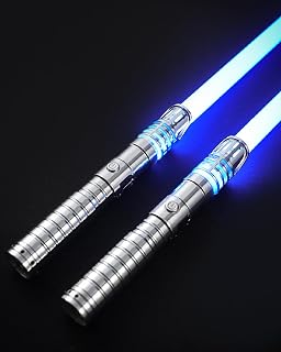 XenoSaber 2 in 1 Dueling Light Saber Double-Bladed Light Sword Set, 4 Sound Fonts 12 RGB Colors 2 Pack Plastic Dueling Light Saber Toy for Birthday, Halloween, Cosplay Parties, Xmas (Silver)