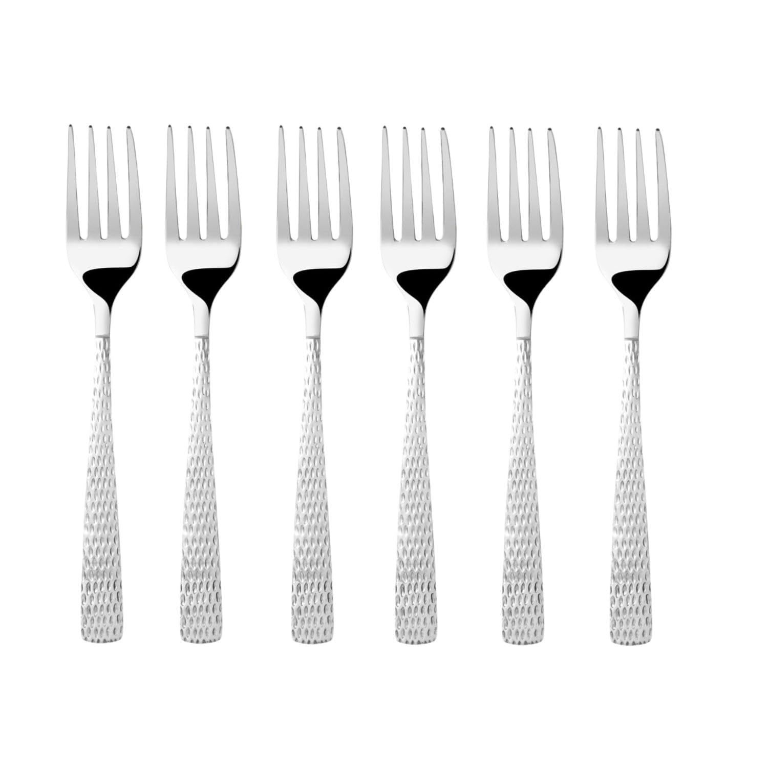 FnS Madrid 6 Pieces Stainless Steel Dinner Fork Set with Hammered Finish Handle | Premium Mirror Finish Table Forks for Pasta, Salad, Fruits & Dining | Cutlery for Home, Kitchen & Restaurant