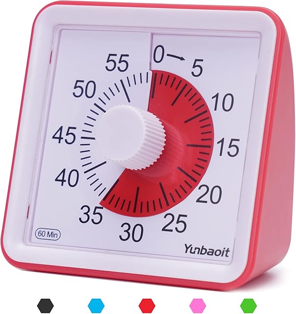 Yunbaoit Visual Analog Timer,Silent Countdown Clock, Time Management Tool for Kids and Adults(Red)