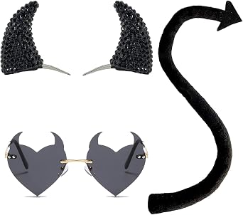 Black Demon halloween Devil Costume Set, Black Devil Horns Headband and Devil Tail and Devil Horns Heart Sunglasses Halloween Devil Demon Cosplay Costume Party