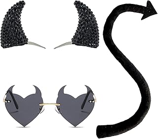 Black Demon halloween Devil Costume Set, Black Devil Horns Headband and Devil Tail and Devil Horns Heart Sunglasses Halloween Devil Demon Cosplay Costume Party