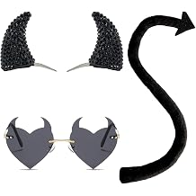 Black Demon halloween Devil Costume Set, Black Devil Horns Headband and Devil Tail and Devil Horns Heart Sunglasses Halloween Devil Demon Cosplay Costume Party