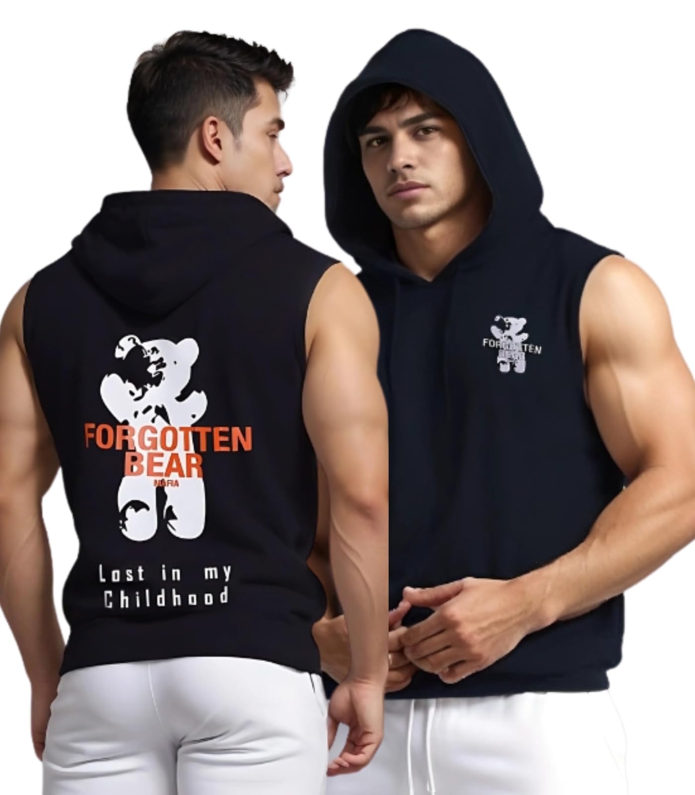 looks united Forgotten Bear Men's Sleeveless Hooded Vest, Black-picture-33