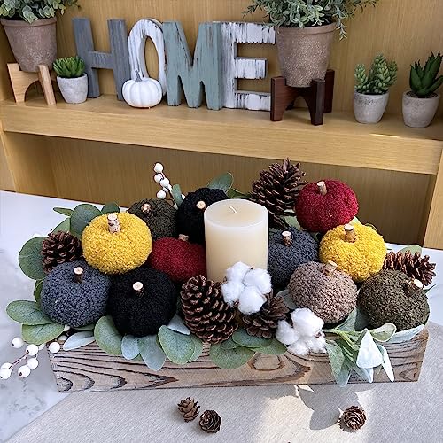 Image of Winlyn 12 Pcs Assorted Small Faux Sherpa Pumpkins Decorative Burgundy Yellow Olive Gray Taupe Black Fabric Foam Pumpkins for Farmhouse Fall Thanksgiving Halloween Table Centerpiece Decor