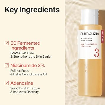 numbuzin No.3 Super Glowing Essence Toner, Fermented Toner for Skin Glow & Texture, Bifida, Niacinamide, Hydrating, Radiance-Boosting Essence, Pore Reset, 6.76 fl oz (200ml)