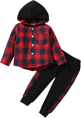 Ropa para bebés y niños pequeños, conjuntos de otoño e invierno, con botones, camisa a cuadros con capucha y pantalones