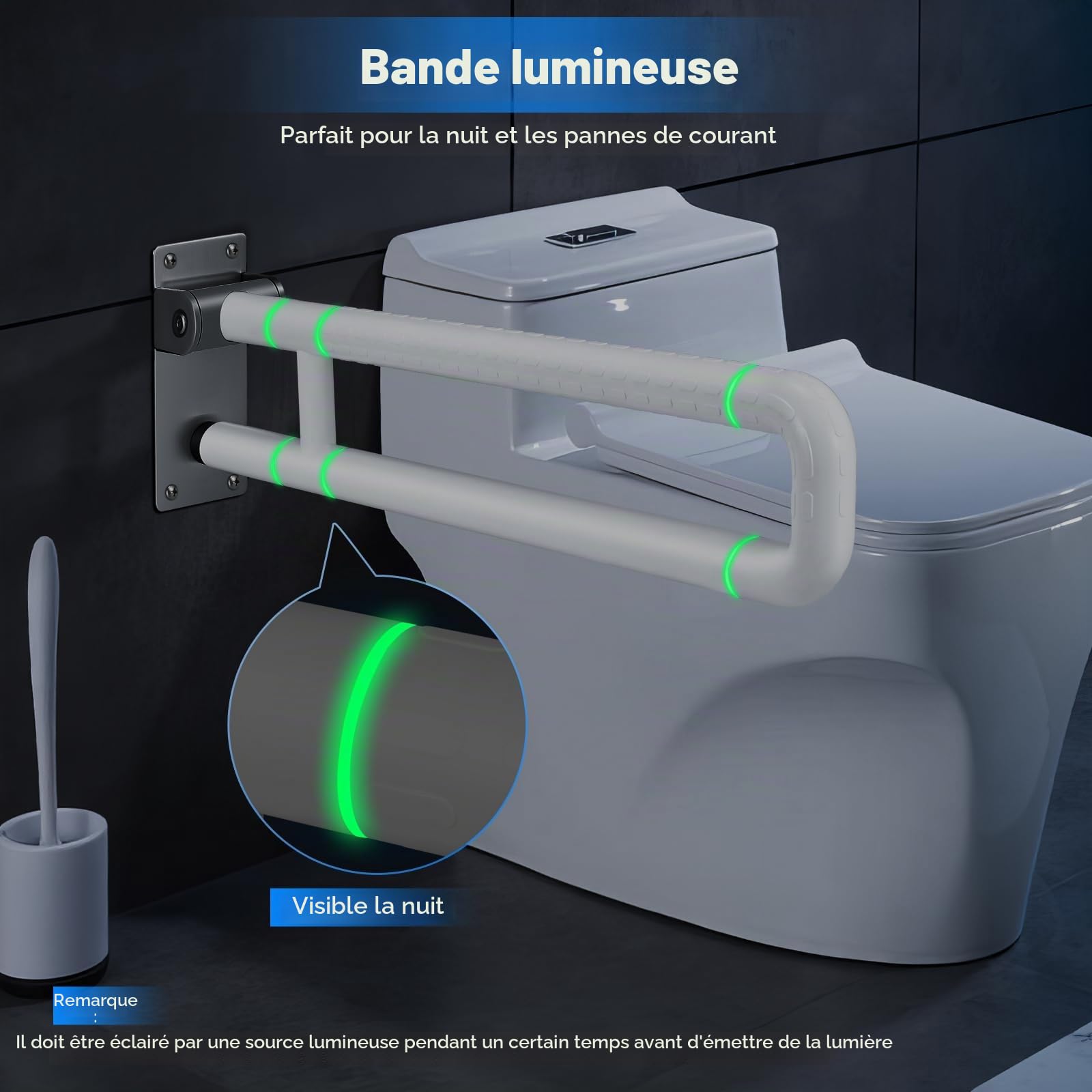 75cm Barre D'appui WC, Barre Toilette Handicapé, Charge portante 300-350kg, Barre D'appui de Salle de Bain en Acier Inoxydable avec 6 Cercles Lumineux pour Handicapé,Âgé,Enceint (White, 75cm)
