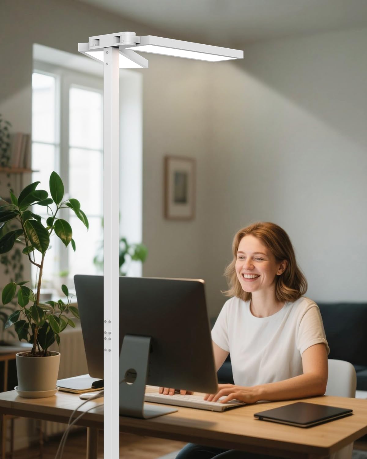 SOLLA Augenpflege Einstellbarer Kopf LED Stehlampe Büro Tageslicht, Bürolampe Stehlampe Uplight und Downlight, 80W+40W-UGR≤16,Geeignet fürBüros, Bibliotheken, Kinderzimmer, Konferenzräume-Weiß