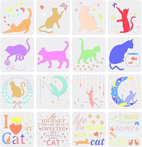 FINGERINSPIRE 16 plantillas de gato de 7.8 x 7.8 pulgadas, juego de pintura de dibujo de mariposa de gato, plantilla de letras de gato, plantillas