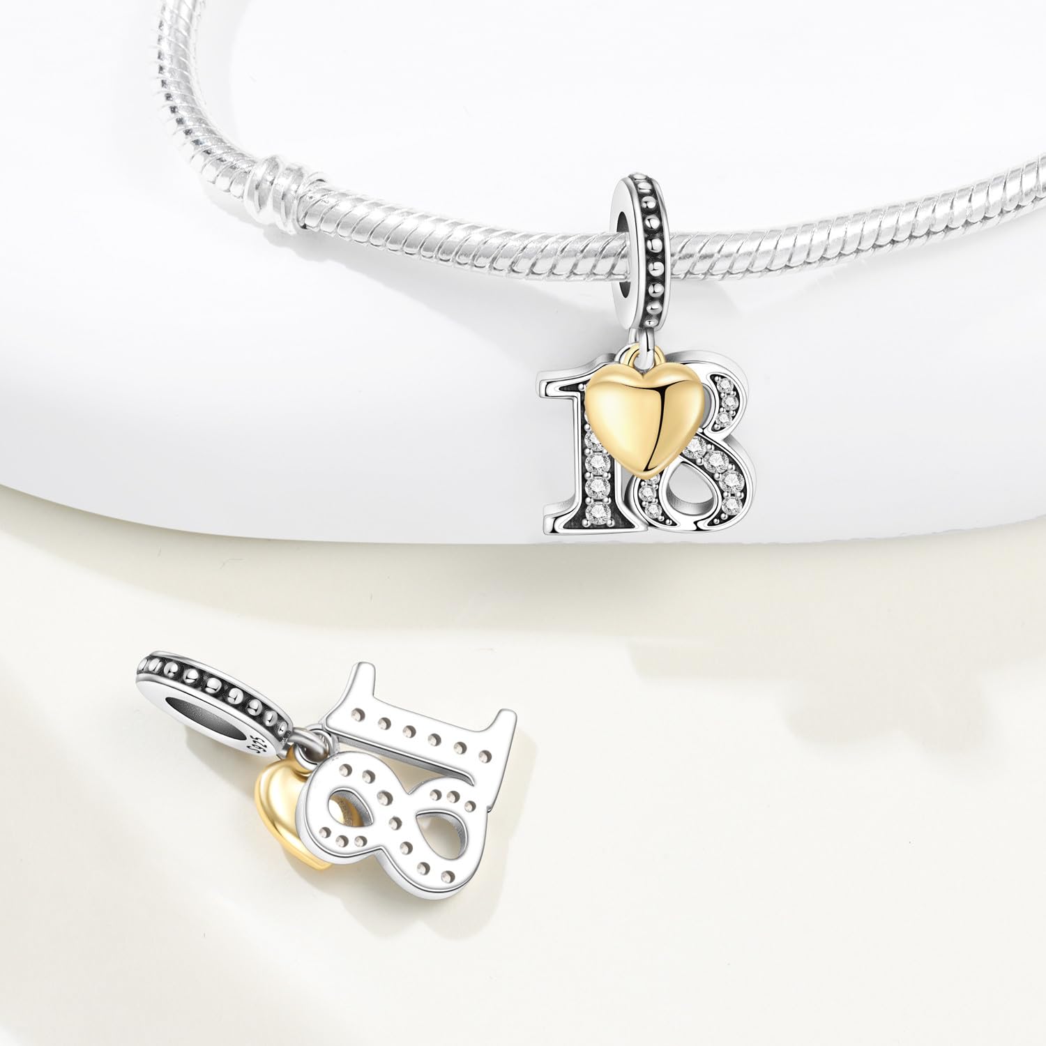 Zahl Charm für Armband & Halskette, Sterling Silber 925 mit Zirkon & 18K vergoldetem Herz, Geschenk für Jubiläum, Geburtstag, Alter (10 13 15 16 18 20 21 25 30 40 50 60)
