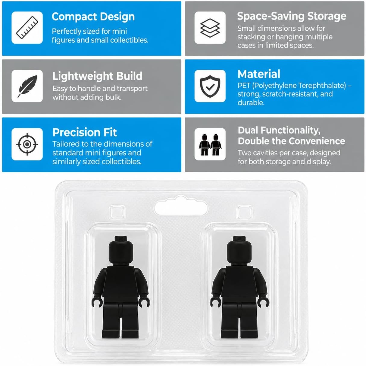 Protective Clamshell Display Case for Lego Minifigures – 2-Compartment Blister Case (2.5″×1.25″), Scratch-Resistant, Hangable – Pack of 25