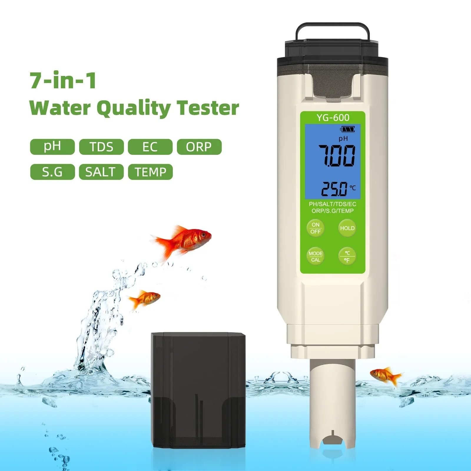 Tester dell'acqua, Tester digitale 7 in 1 for la qualità acqua, pH, salinità, temperatura, ORP, TDS, EC, risoluzione 0,01, for acquari, piscine, e acqua salata.